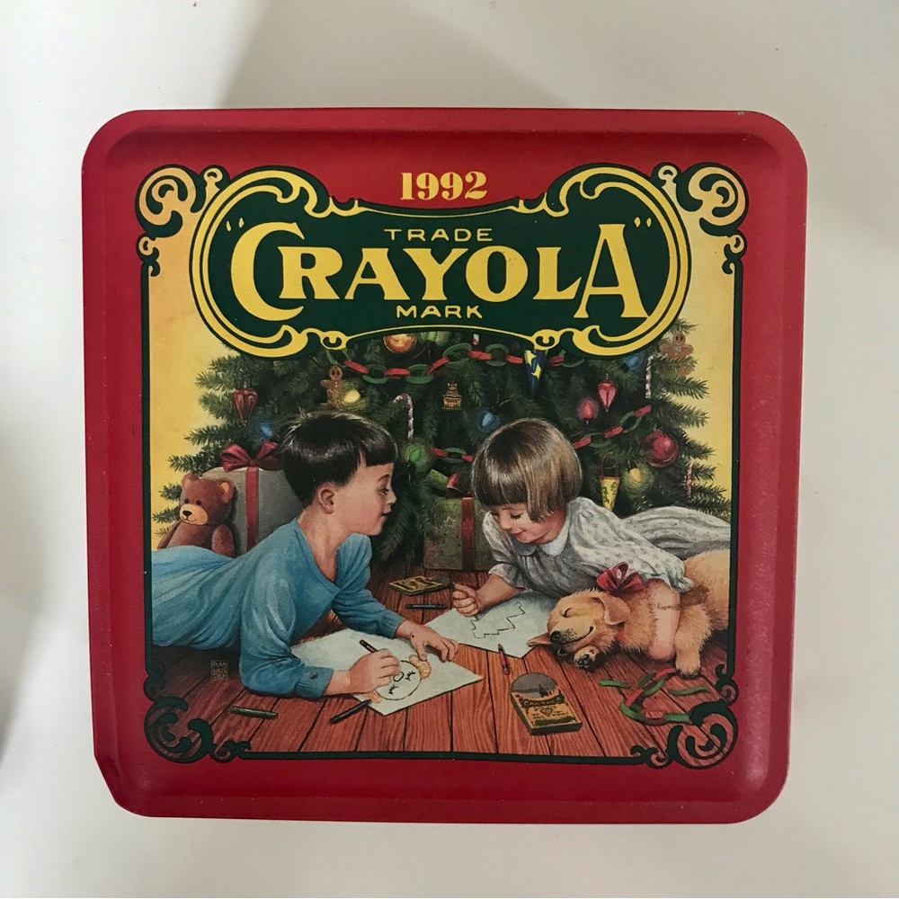 Vintage 1992 Crayola Kids Christmas Holiday Tin Red Green USA 6” Square